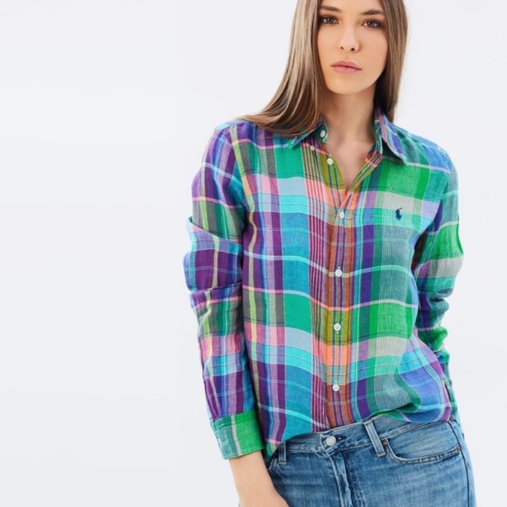 Ralph Lauren Women's Linen Plaid Button Down